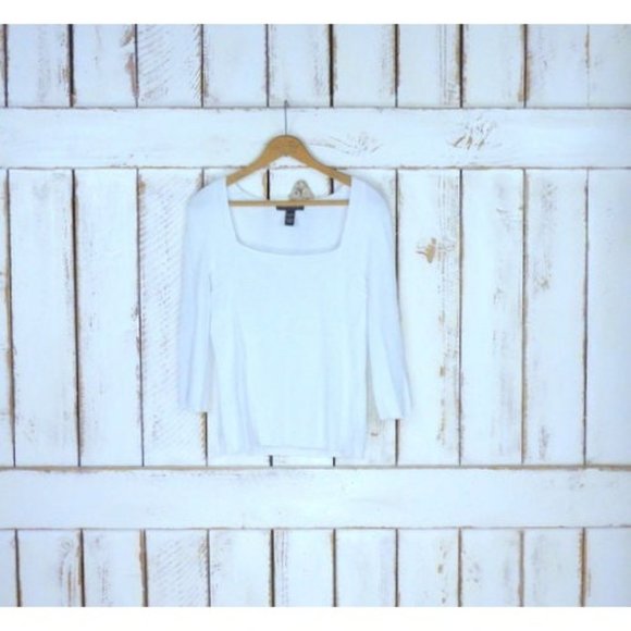 90s white fitted stretch ribbed pullover 3 quarter length sleeve top - Picture 5 of 5